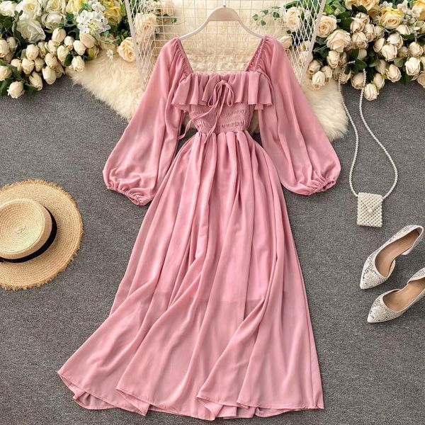 Robes décontractées Chic élégant col carré Maxi robe femmes solide mousseline de soie manches bouffantes 2023 mode coréenne Vintage volants robes DR005