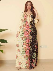 Casual jurken chique etnische bloemen maxi -jurk voor dames tape fix diamanten trim v nek lange mouw losse Arabische oman dubai moslim abaya