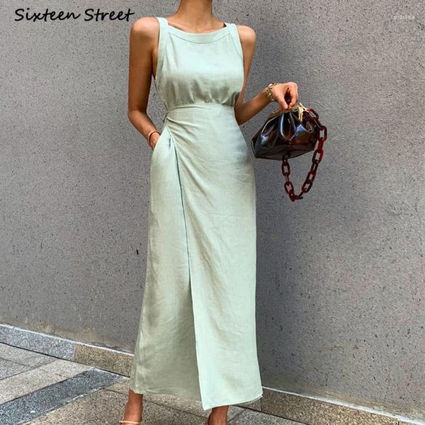 Vestidos informales Vestidos verdes elegantes para mujeres Cordas sin mangas 2024 Summer Elegance Vestido Clothing Business Corean Street Linen