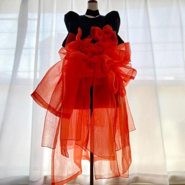 Vestidos informales elegantes para mujeres de flores de volantes hechas a mano Summer Coral Red Organza corta Party Party Vestidos de pografía Made Brithday