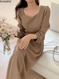 Casual jurken chique Koreaanse mode vrouwen temperament kantoor dame elegant werk basic slijtage solide vintage lange jurk fenimine vestidos n502 230223