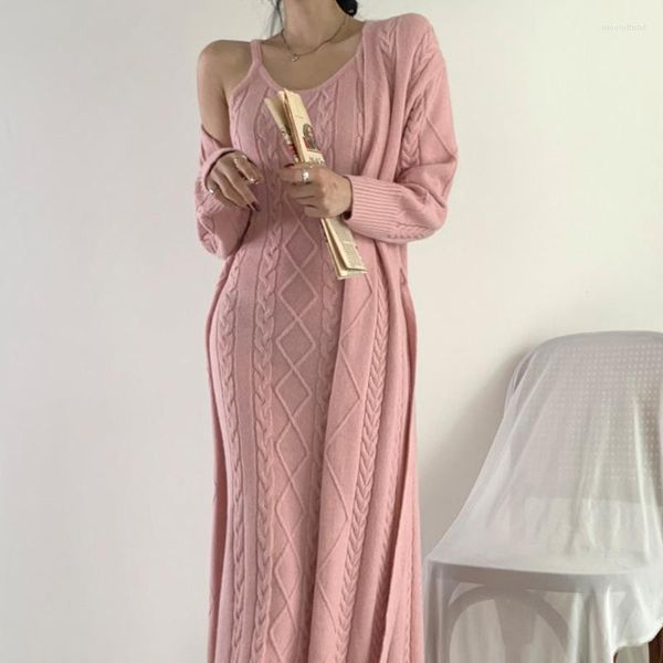 Vestidos casuales Chic Pink Wool Dress Set mujeres Sexy 2023 invierno otoño Argyle sin mangas tejido señoras ropa de calle coreana prendas de punto otoño