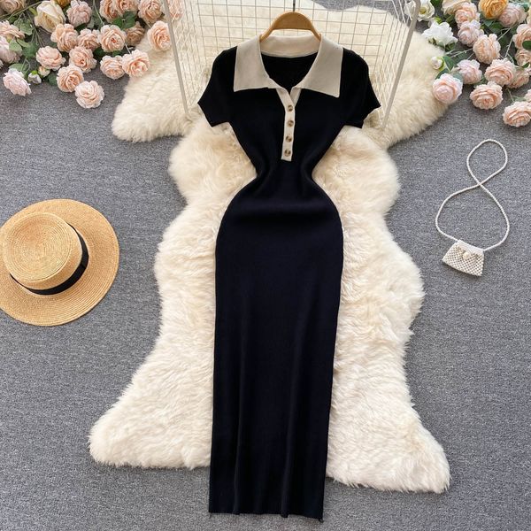 Robes décontractées chic sexy elegant crochet bodycon midi robe v cou baissement collier mince robe crayon coréen fashion femme vestido new y2k 230505