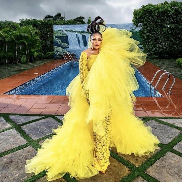 Robes décontractées Chic Jaune Dentelle Sirène Événement formel avec volants Tulle Train détachable Puffy Mesh Longue Robe Femme Anniversaire