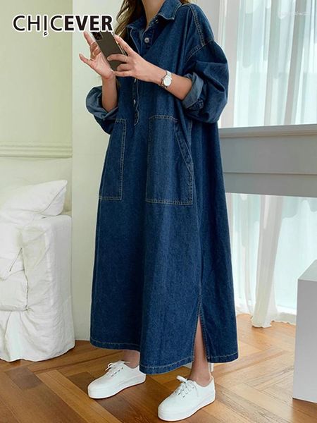 Robes décontractées Chicever surdimensionné Denim pour femmes revers manches longues patchwork bouton solide côté droit fendu maxi robe femme automne
