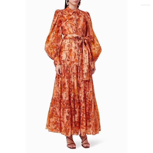 Robes décontractées CHICLADY imprimer femmes Robe boutons lanterne à manches longues taille haute à lacets Patchwork Maxi pour femme Robe Orange