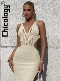 Casual Jurken Chicology Sling Wit Uitgesneden Ruglooze Sexy Bodycon Split Midi-jurk Party Club Streetwear Elegant Vakantie 2024 Dameskleding