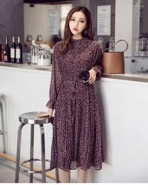 Robes Décontractées En Mousseline De Soie Bohème Robe Printemps Lâche Plissé Femmes A-ligne Fleur Imprimer Floral Dot Femme Vestidos Plus La Taille De Haute Qualité