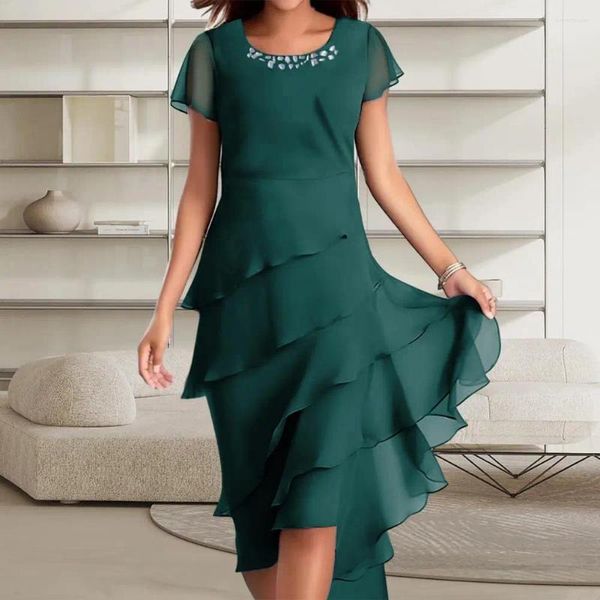 Robes décontractées robe de mousseline de soie robe élégante décor perlé couche gâteau ourlet midi pour invité de mariage fête fluide femme avec court