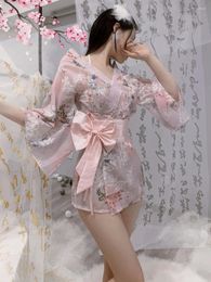 Casual jurken Chiffon Kimono Bathrobe uniform verleidelijke print boog sexy Japanse jurk elegante zoete Koreaanse vrouwen tops 2024 c8eu