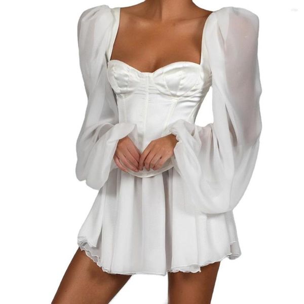 Robes décontractées mousseline de soie lanterne manches robe femmes sexy moulante femme corset plage vacances tenue fête blanc mini