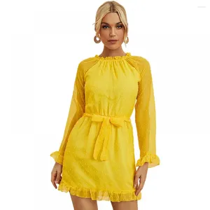 Robes décontractées en mousseline de soie fête jaune mini femmes élégante robe blanche à volants sexy à manches longues robe de bal vêtements féminins