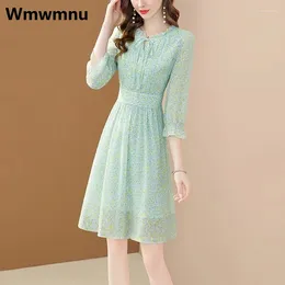 Vestidos casuales estampado de gasa elegante vestimenta de línea A coreana Vestidos de verano O-cuello Mujeres mujeres kleid fini vintage midi