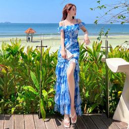 Vestidos casuales gasa tie-dye vestido de playa camisola tobillo-longitud hendidura larga primavera y verano elegante bonita mujer