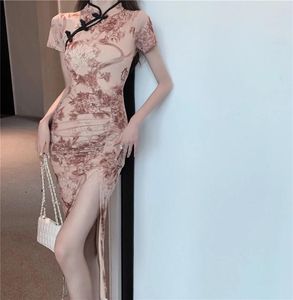 Robes décontractées chinois Cheongsam Summer High Slim Fleur élégante Longue robe maxi sexy Fashion coréenne femme Y2k Vêtements 2024 Robe