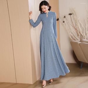 Robes décontractées Style chinois automne longue robe pour femmes bureau dame bleu plaid taille mince robe ajustement anniversaire