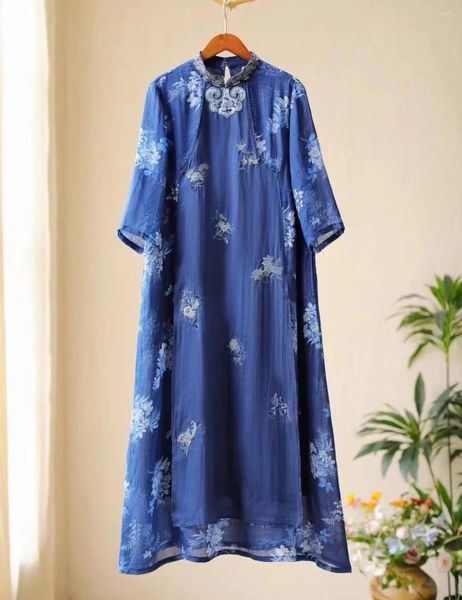 Robes décontractées robe de style chinois ramie bleu printl lâche long col vintage collier de support trois quarts d'été