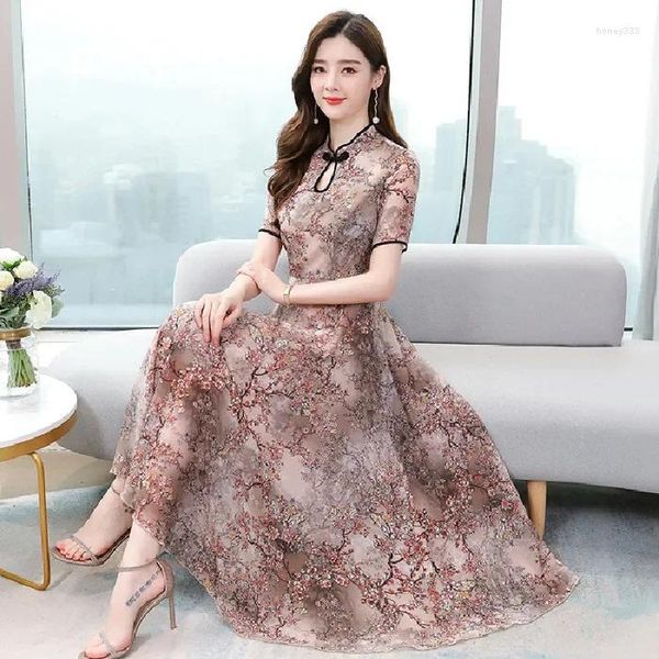 Robes décontractées Style chinois Mode Femmes Floral Print Cheongsam Vintage Manches courtes Robe longue Robe élégante Vêtements de fête pour fille