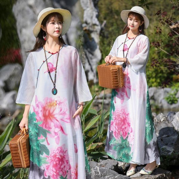 Robes décontractées Style chinois imprimé fleuri lâche a-ligne longue robe femmes printemps été col rond Vintage élégant dames vêtements décontracté