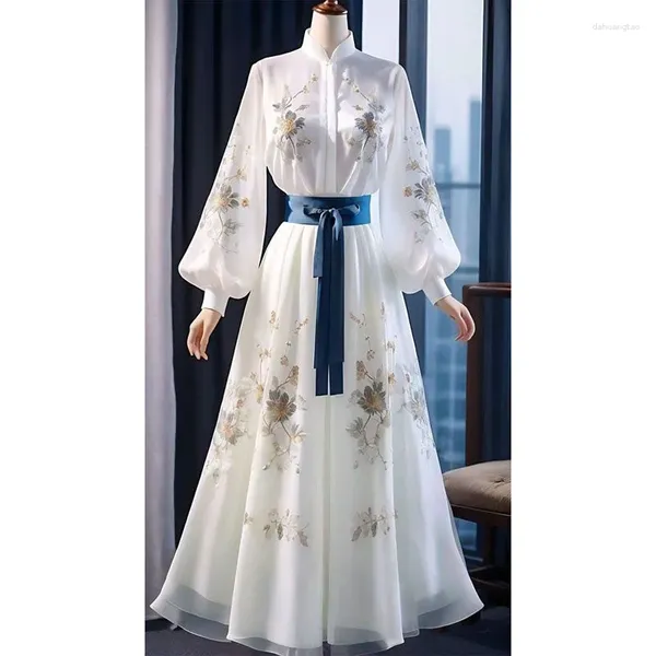 Robes décontractées de style chinois robe imprimé fleurie femme printemps traditionnel collier élégant collier de lanterne pleine lanterne robe j265