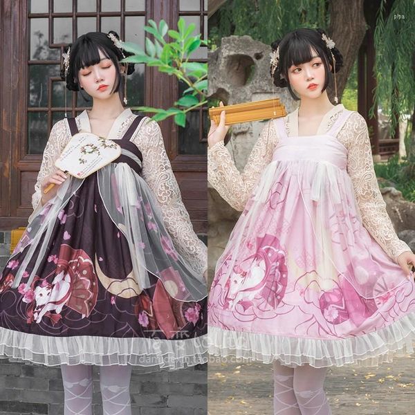 Robes décontractées style chinois han sweet lolita robe vintage mignon imprimerie haute taille victorien top girl kawaii girl set