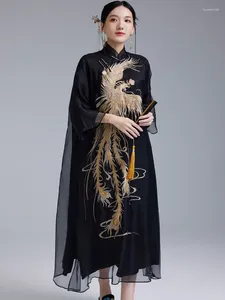 Casual Jurken Chinese Stijl Hanfu Prachtige Phoenix Borduren Voor Vrouwen Retro Opstaande Kraag Zwarte Elegante Losse Party Midi Jurk