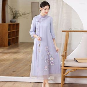 Vestidos casuales estilo chino malla bordada Cheongsam largo mejorado vestido de verano Retro temperamento suelto étnico para mujeres