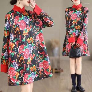 Vestidos casuales Estilo chino Noreste Vestido de flores grandes Mujeres Qipao 2024 Primavera y otoño Mejorado Longitud media Cheongsam K174