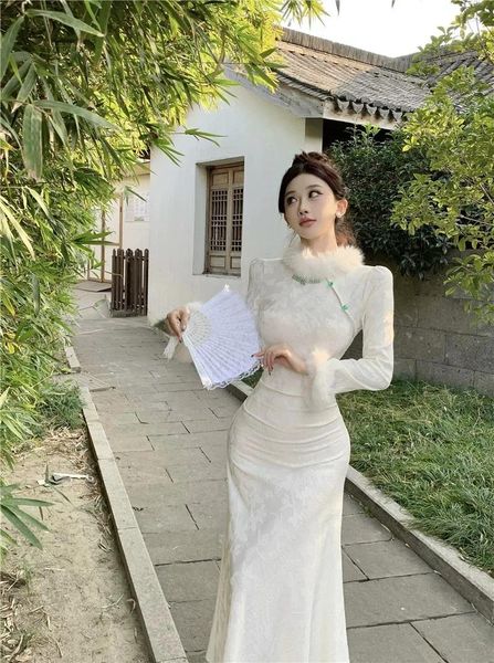 Vestidos casuales Vestido retro de estilo chino para mujeres en otoño e invierno con una mejora de cintura de temperamento de alta gama