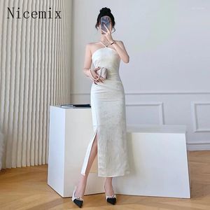 Casual jurken Chinese stijl sexy split slip jurk zomer vintage mouwloze off schoudertailles slank abrikoos lang voor vrouwen