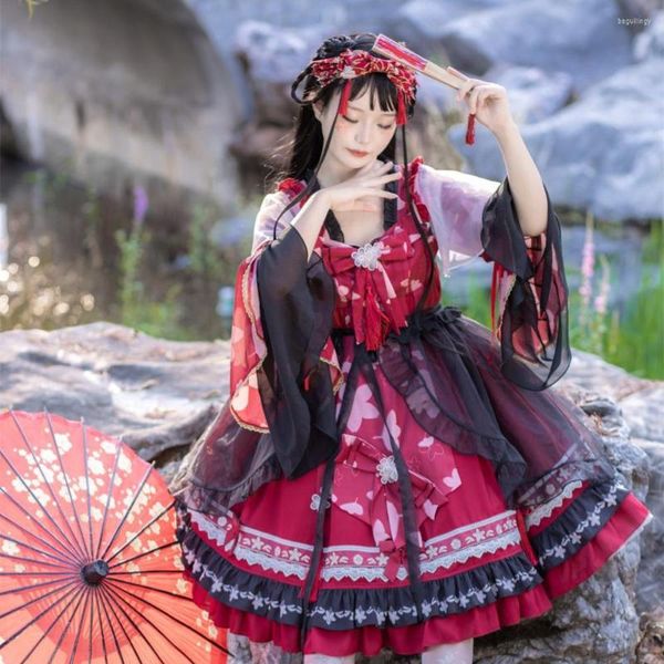 Robes décontractées Style chinois douce Lolita robe Han Vintage dentelle nœud papillon mignon impression victorienne Kawaii fille gothique Op Cos