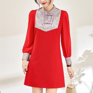 Casual Jurken Chinese Stijl Vintage Voor Vrouwen 2024 Lente Elegante Mode Lange Mouw Vrouw Rood Zwarte Jurk A-lijn Dameskleding