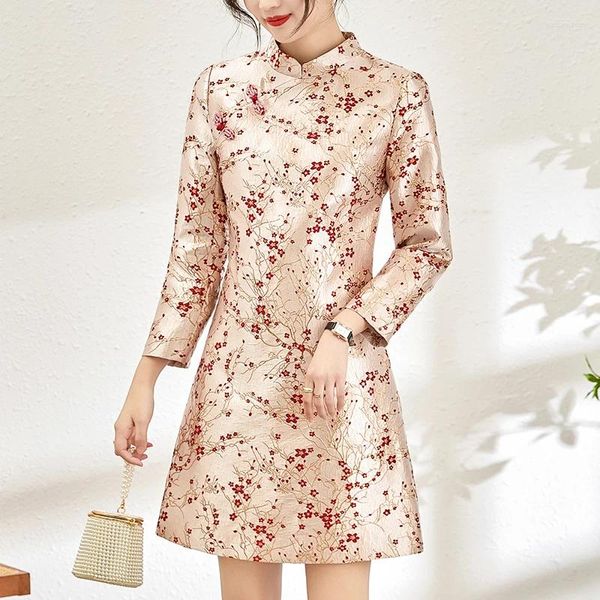 Robes décontractées de style chinois robe cheongsam féminin 2024 printemps élégant pour femmes à manches longues imprimées florales vintage jacquard slim