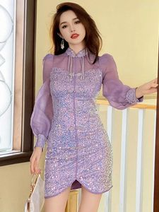 Robes décontractées chinois sweet qipao pro de promo Luxury Sexy Purple Sinin Sequin Sheer Single Breasted Breasted Cheongsam Party Vestido