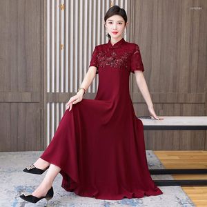 Casual jurken Chinese vintage verbeterde high-end bruiloft Cheongsam kraag mode zware industrie kanten jurk dameskleding lange qipao