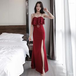 Robes décontractées Robe de mariée chinoise Mode Vin Rouge Longue Soirée Soirée Femmes Banquet d'été Tempérament Discothèque Tube Top Jupe en dentelle