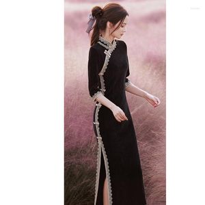 Robes Décontractées Femmes Chinoises Costume Vert Noir Cheongsam Longue Robe Moulante Haute Split Vintage Bracelet Manches Patchwork Vêtements Élégant