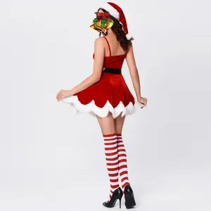 Robes décontractées Noël 3 pièces ensemble femmes mini robe rouge avec ceinture chapeau pompons moelleux rétro vêtements de père Noël costume de vacances de style festival