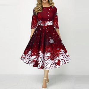 Robes Décontractées Costume De Noël Robes De Soirée Pour Femmes Flocon De Neige Imprimé Robe De Soirée Midi Vacances De Noël Dames Demi Manches Une Robe De Ligne 221126