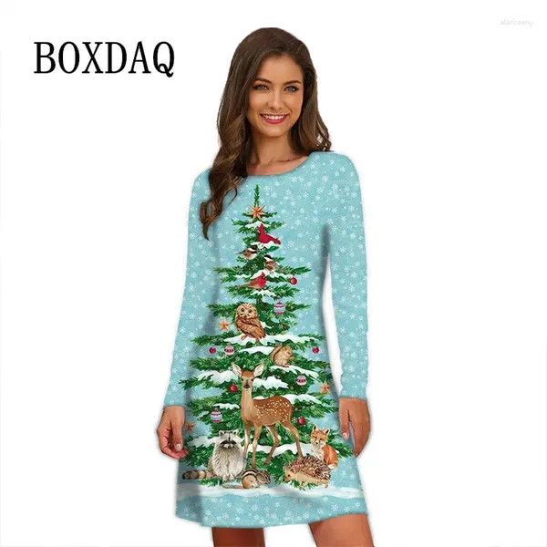 Robes décontractées Noël cerf femmes robe mode mignon à manches longues a-ligne hiver surdimensionné 3D arbre flocon de neige mini