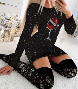 Robes décontractées Robe de Noël pour femmes 2023 Automne Mode Arbre Imprimer Manches longues O-Cou Skinny Mini Jupe Femme