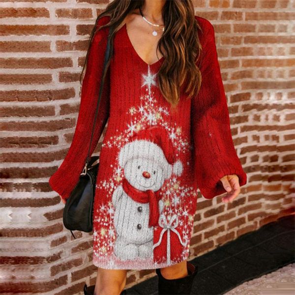 Vestidos casuales Vestido de Navidad para mujer Año 2022 invierno manga larga lindo muñeco de nieve estampado de longitud media Vestido femenino