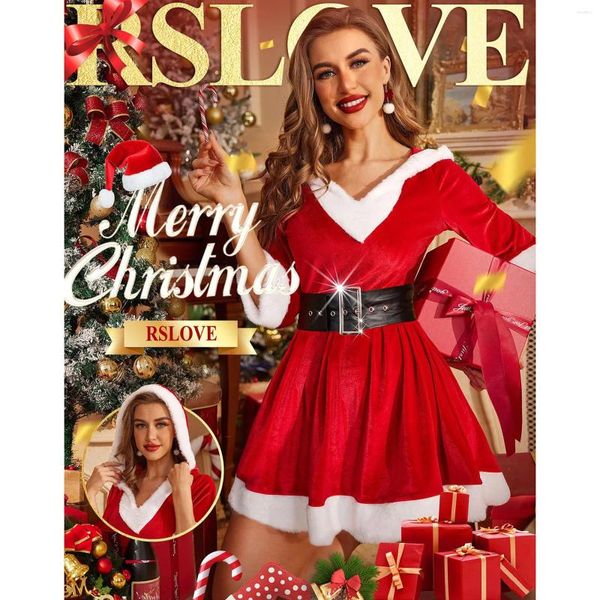 Vestidos casuales Vestido de Navidad para mujeres Sexy Santa Sudaderas con capucha Traje 2 unids Traje de terciopelo Vacaciones con cinturón Cosplay Vestidos