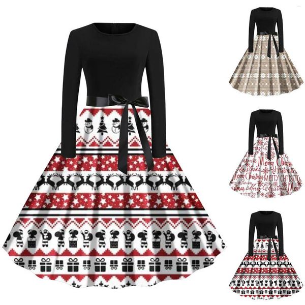 Robes décontractées Robe de Noël à manches longues Graphique Femme Taille haute Élégant Vintage Hiver 50s 60s Rockabilly Swing Pinup Noël