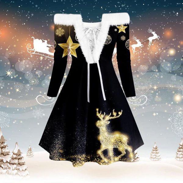 Robes Décontractées Robe De Noël Femmes Noir Or Imprimer Fluff Col À Manches Longues Hors Épaule À Lacets Xmas Party Prom Rockabilly Vestidos