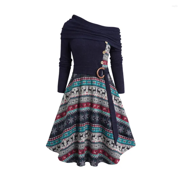 Vestidos casuales Elk-Flake Tribal Tribal Tribal Knit Dress Mock Button Foldover o anillo Auto-cinta