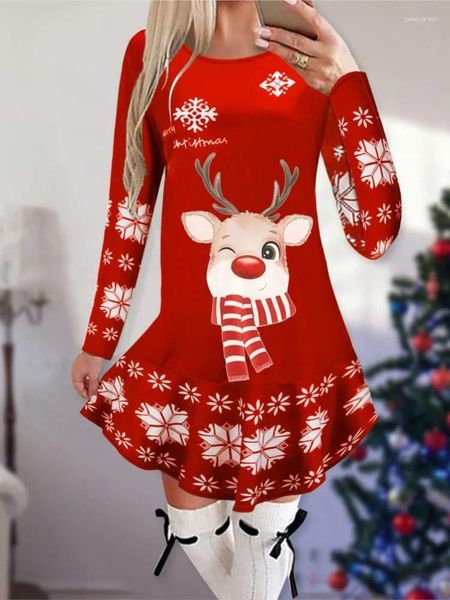 Robes décontractées Noël pour les femmes 2024 Année Automne Hiver Elk Imprimer Manches longues Lâche Mini Robe Mode Vacances Femme