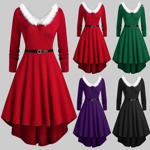 Vestidos casuales Vestido de fiesta de vacaciones de Navidad Rojo Santa Cosplay Disfraces Collar de piel sintética Fancy Rockabilly Mujeres Robe de invierno S-5XL