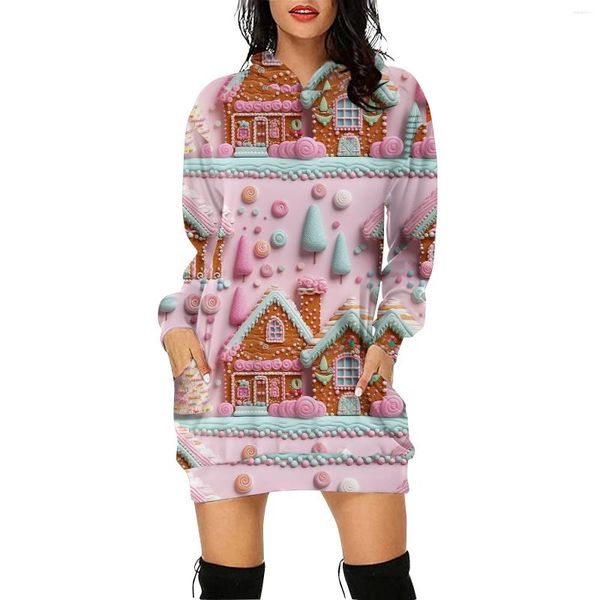 Robes décontractées Sweats à capuche de Noël Robe Femmes Mode Dessin animé 3D Pull imprimé avec poche à manches longues élégante droite