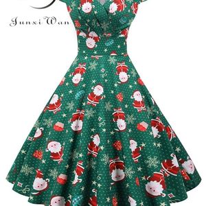 Casual jurken kerstfeestjurk vrouwen korte mouw v nek elegante vintage print xmas jaar prom sundress 3xl robe 221027